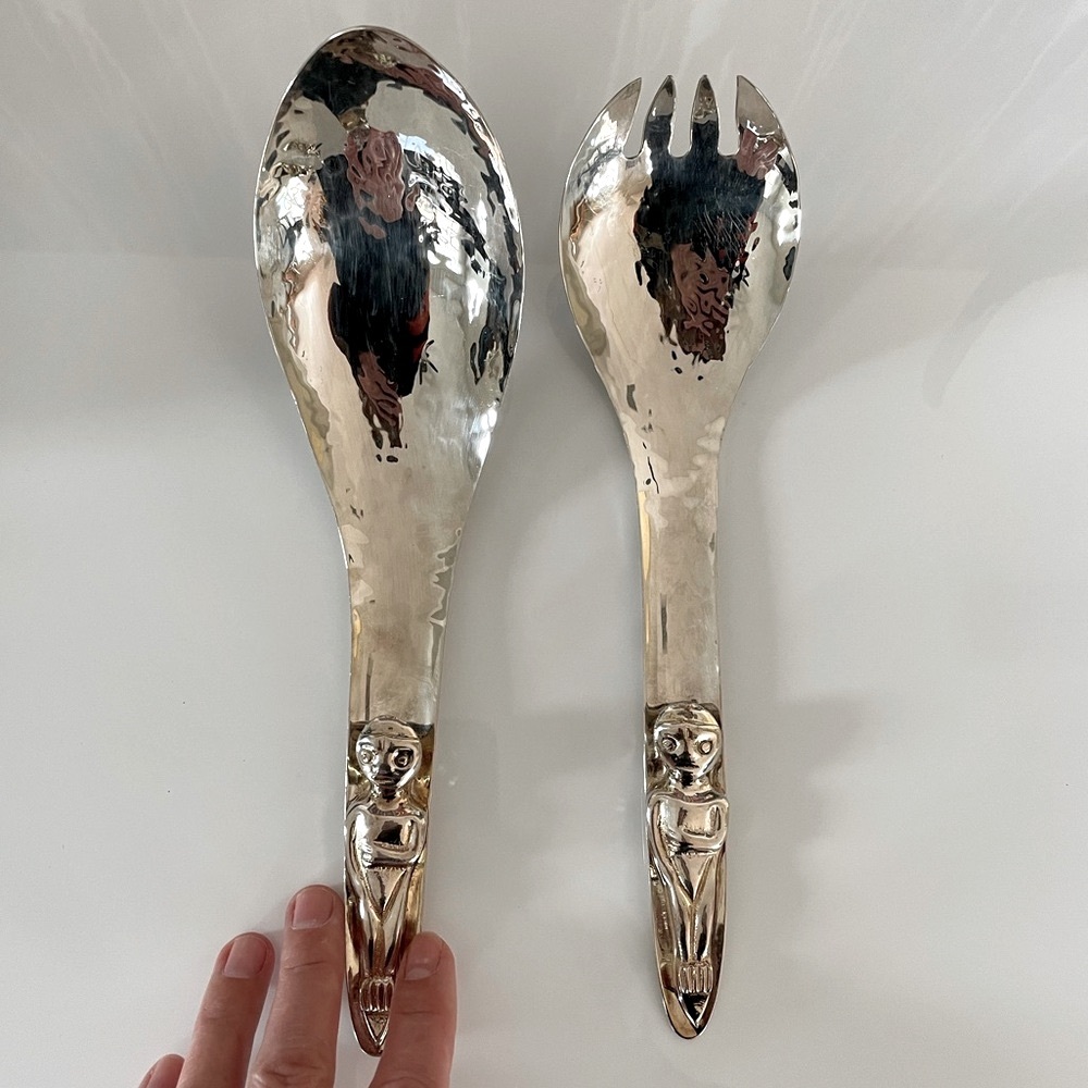 ACME Salad Spoon Set Silver Plate Sculptural Hand Wrought Salad Servers